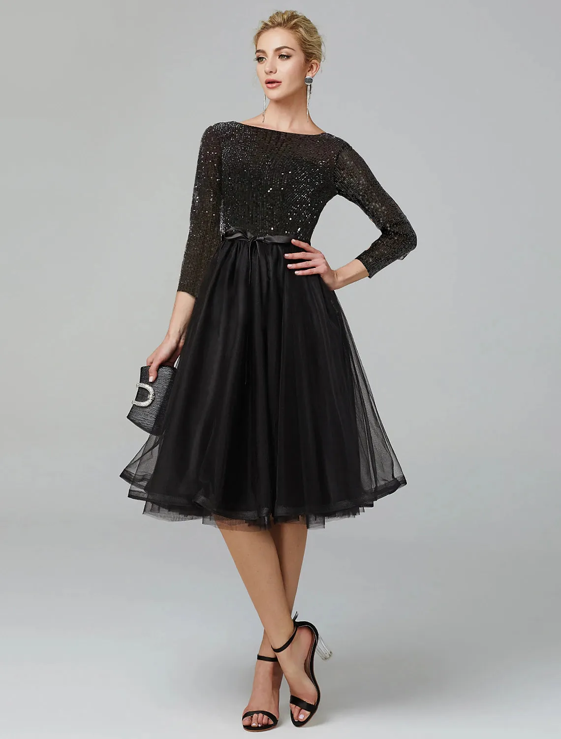 A-Line Cocktail Dresses Elegant Dress Formal Wedding Guest Tea Length 3/4 Length Sleeve Jewel Neck Fall Wedding Guest Tulle with Sequin Strappy