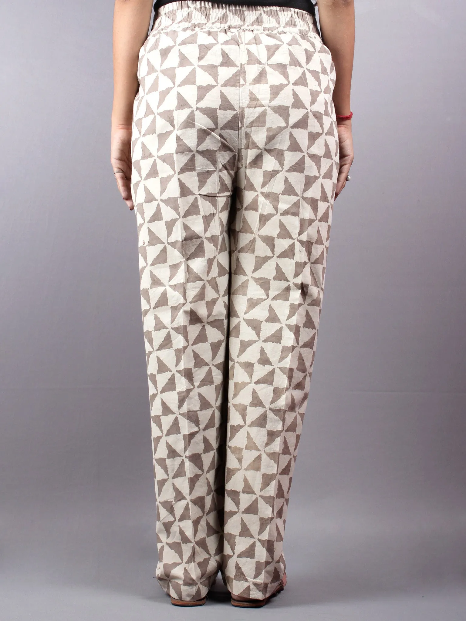 Beige Hand Block Printed Elasticated Waist Trousers- T0317005