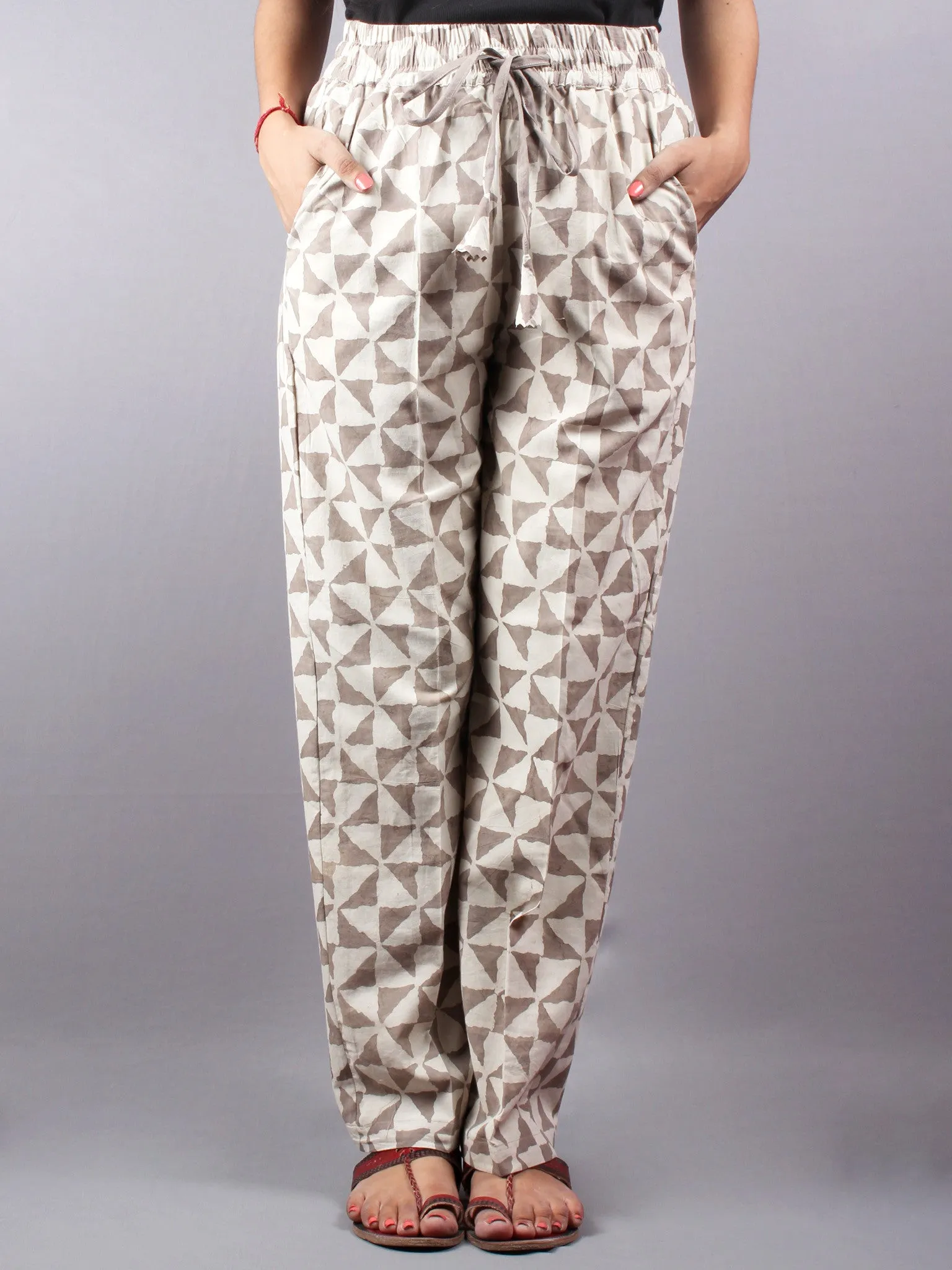 Beige Hand Block Printed Elasticated Waist Trousers- T0317005