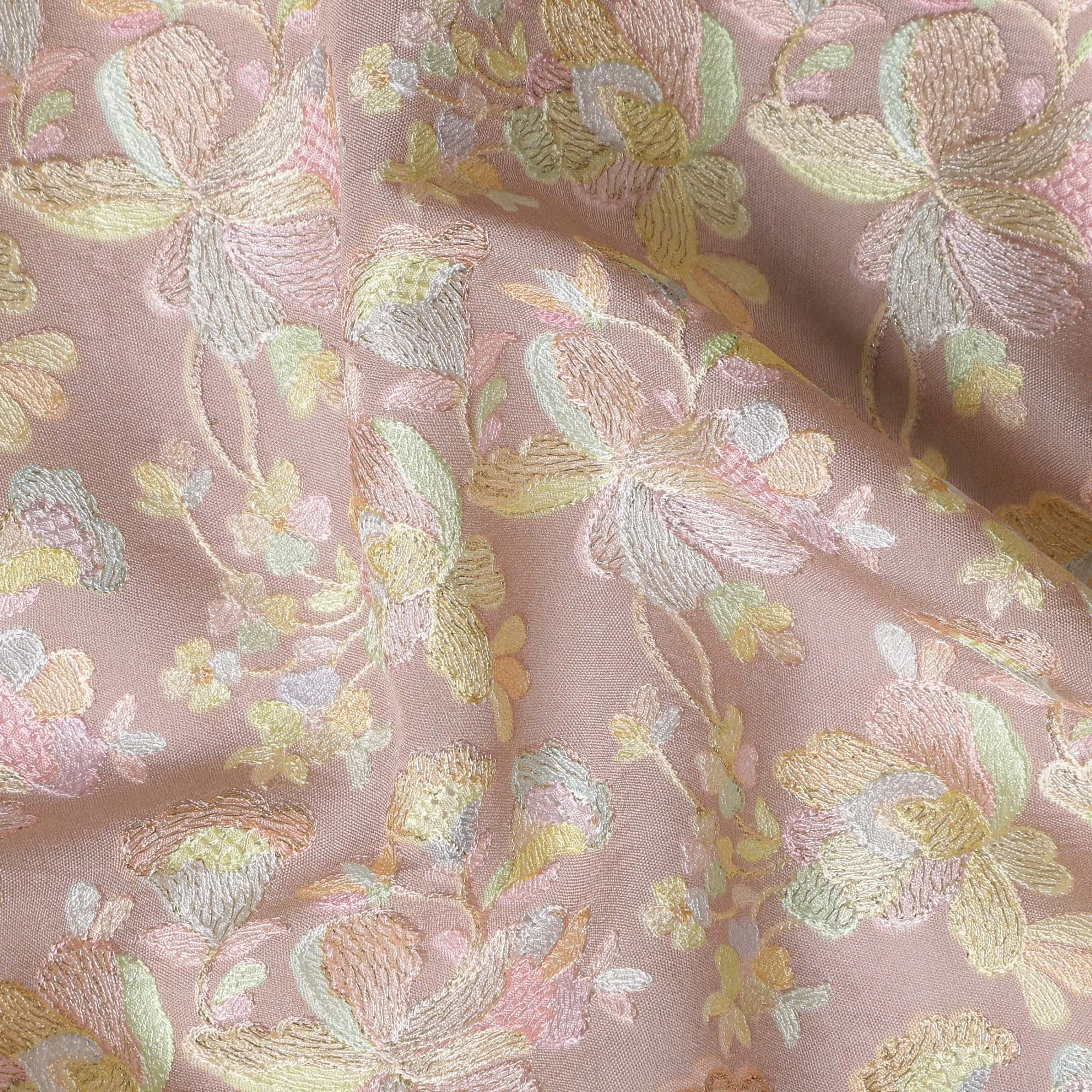 Champagne Pink Indian Tussar Silk Fabric with Pastel Embroidery, 110 cm Width-D20944