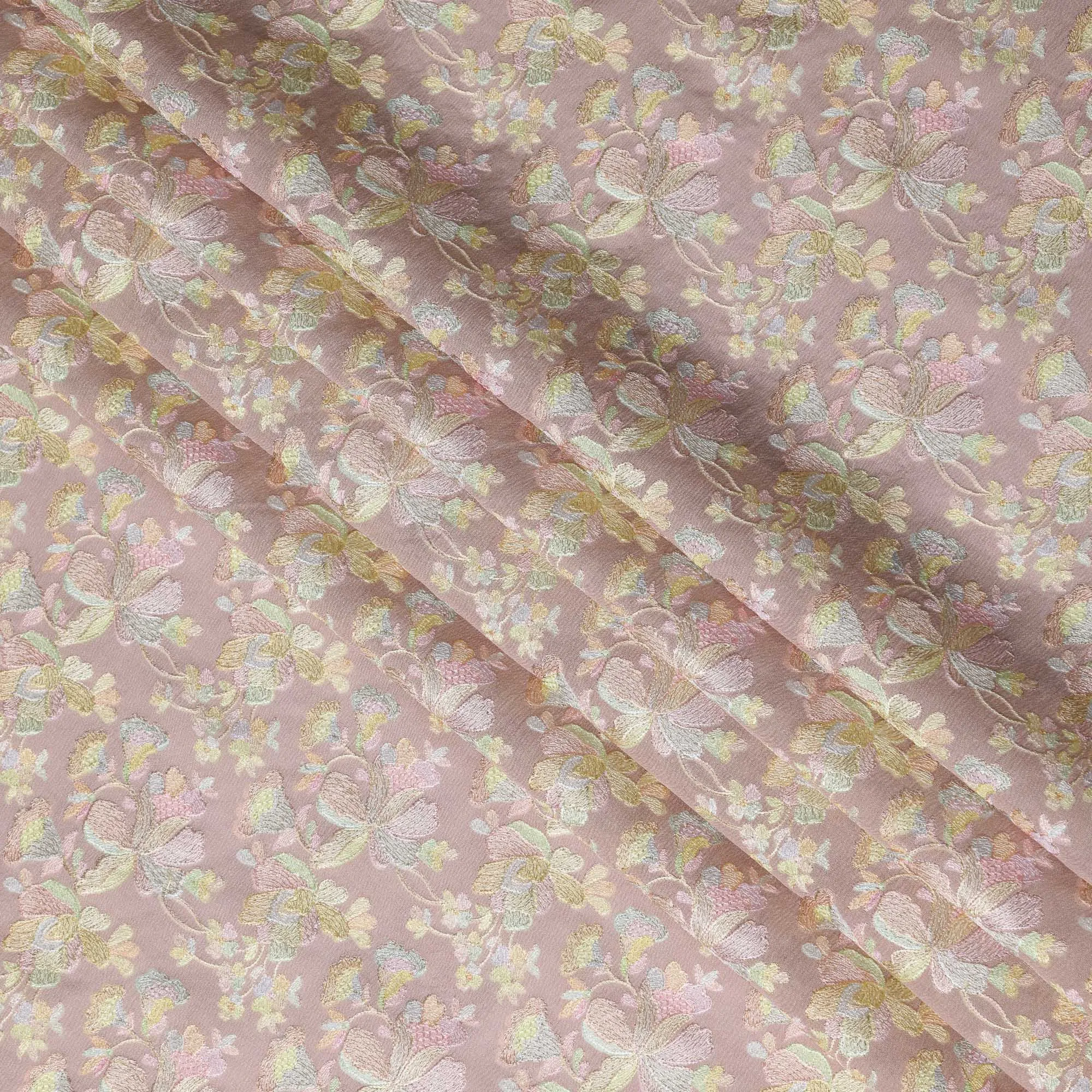 Champagne Pink Indian Tussar Silk Fabric with Pastel Embroidery, 110 cm Width-D20944