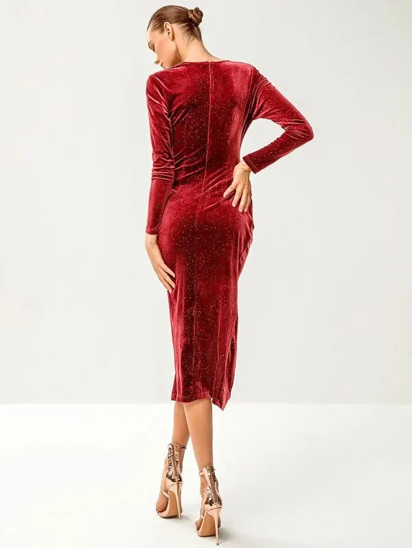 Cocktail Bodycon - Sparkle Velvet V-Neck Dress