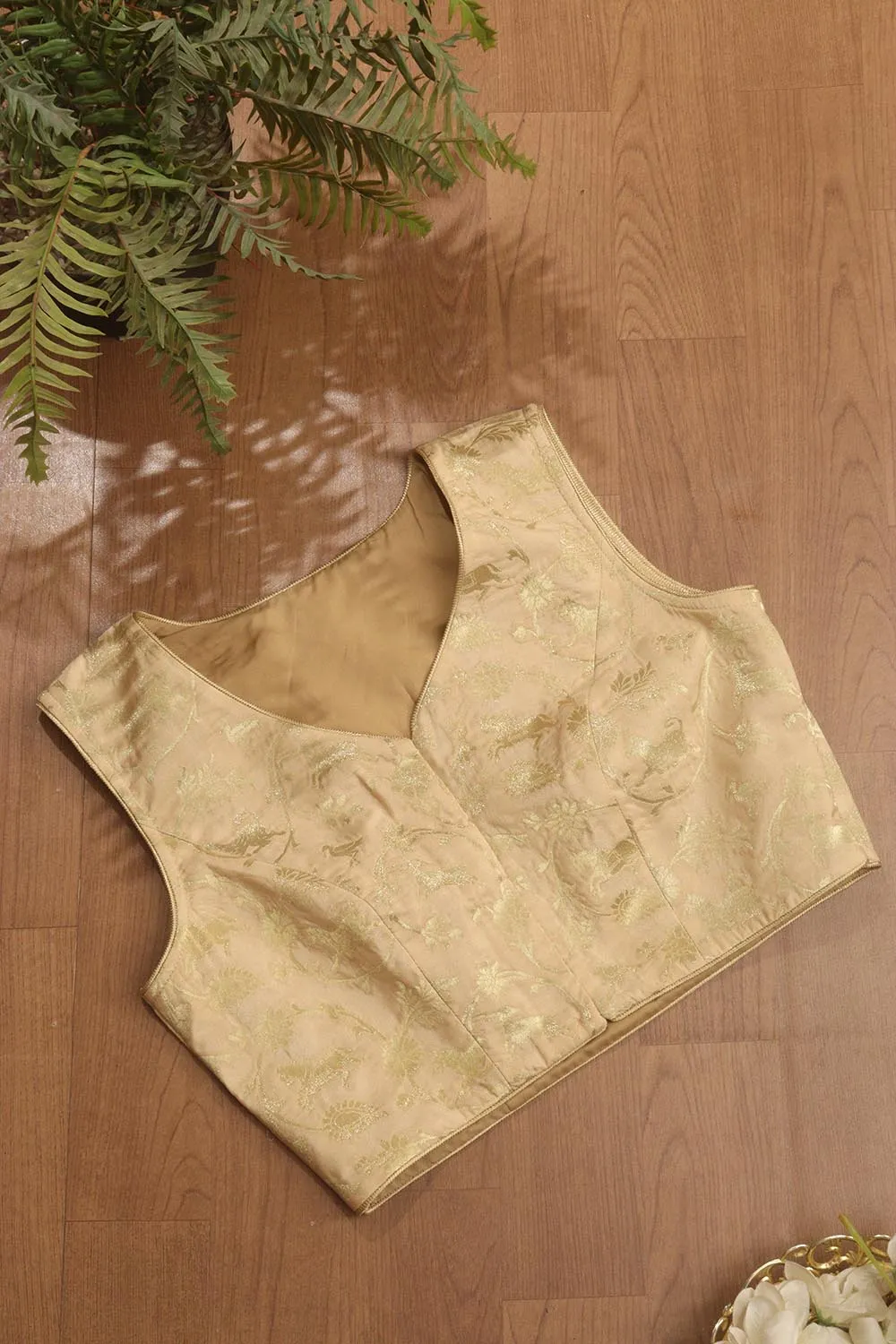 Cream Banarasi Silk Shikargha Design V Neck Non Padded Stitched Blouse