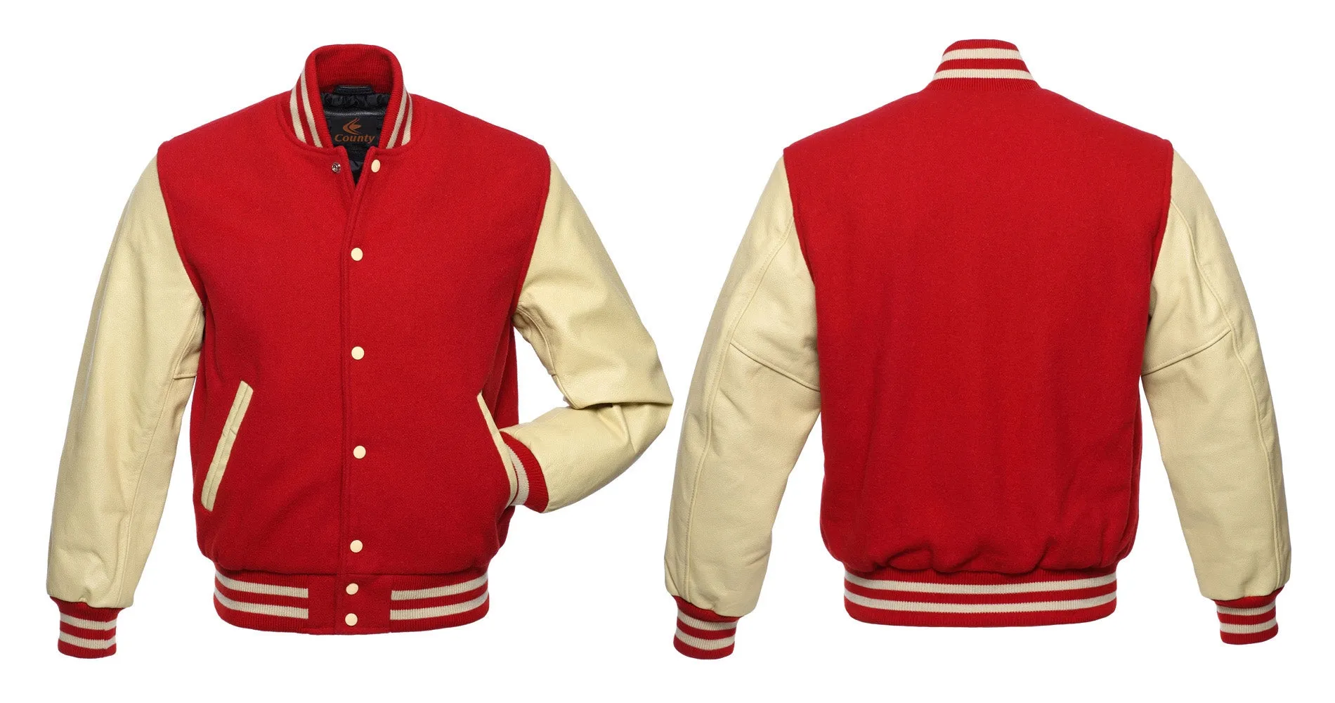 Custom Varsity Jackets Red Body and Cream Leather Sleeves Varsity Jacket