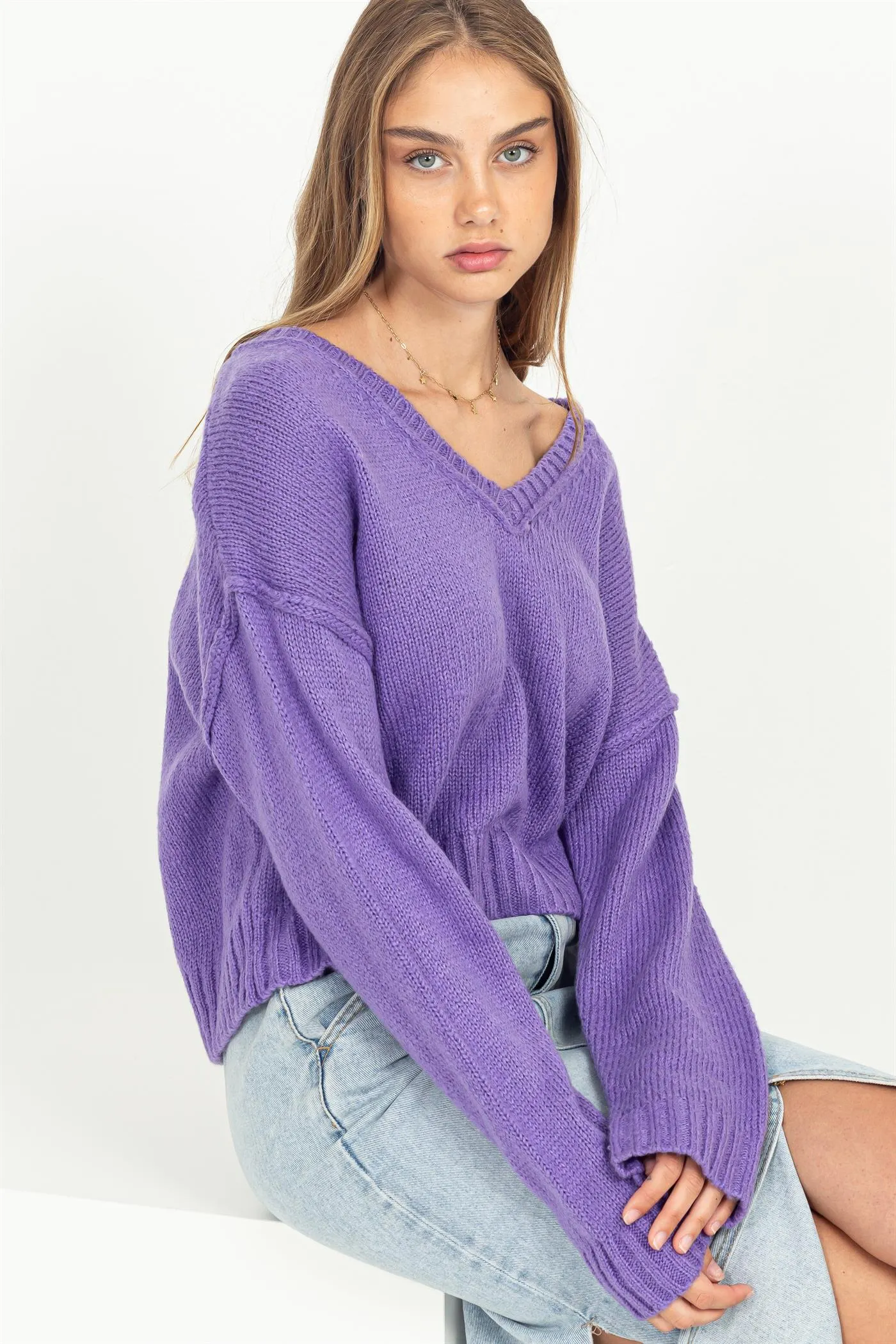 DZ23F803-Long Layers V Neck Long Sleeve Sweater