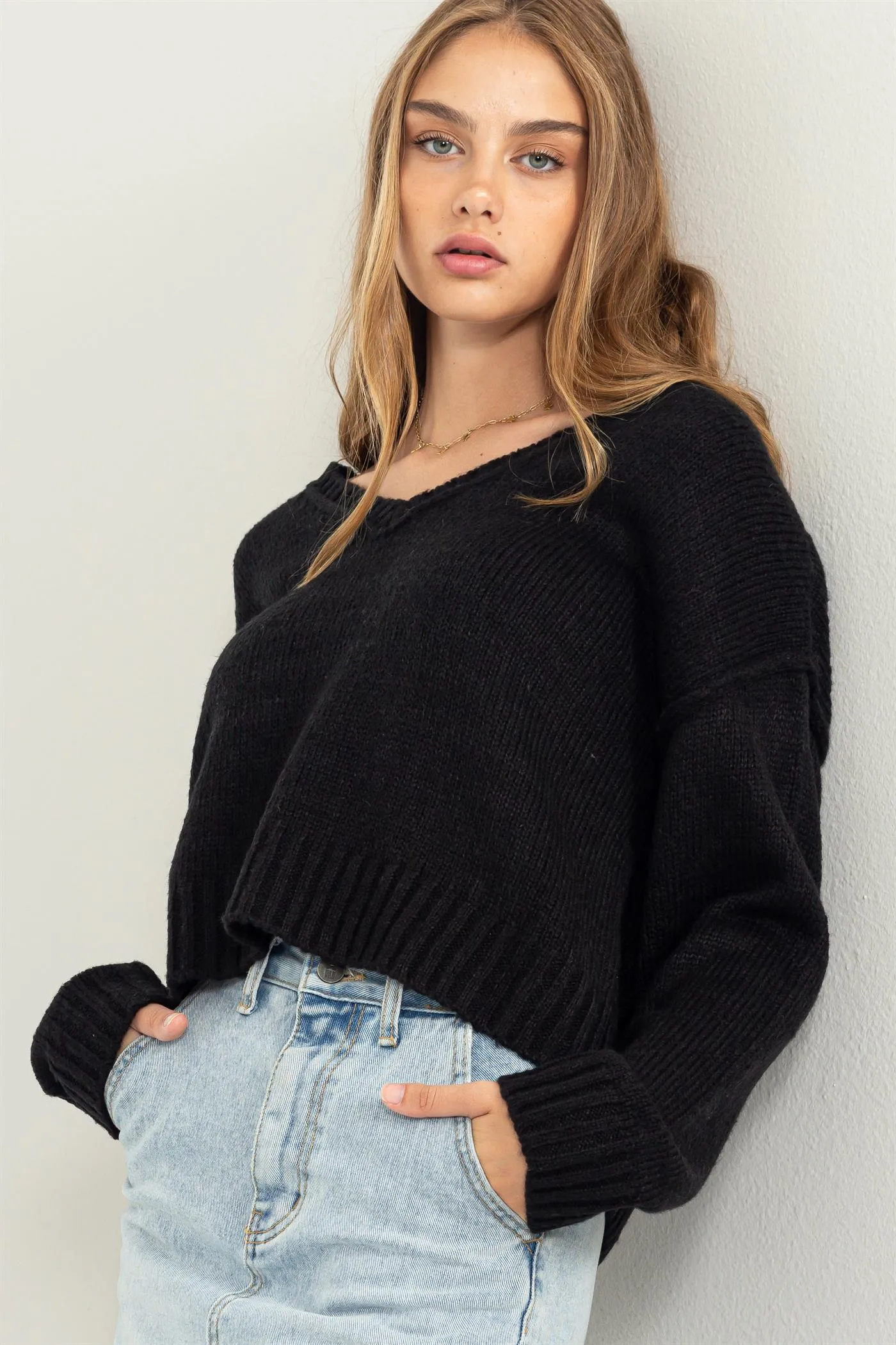 DZ23F803-Long Layers V Neck Long Sleeve Sweater