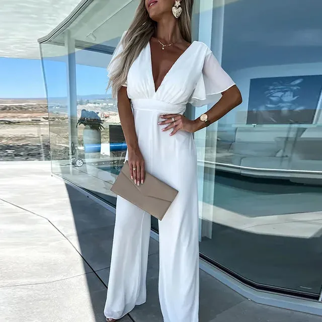 Elegant High Waist Romper V Neck Solid Color Wide Leg Pants Jumpsuit