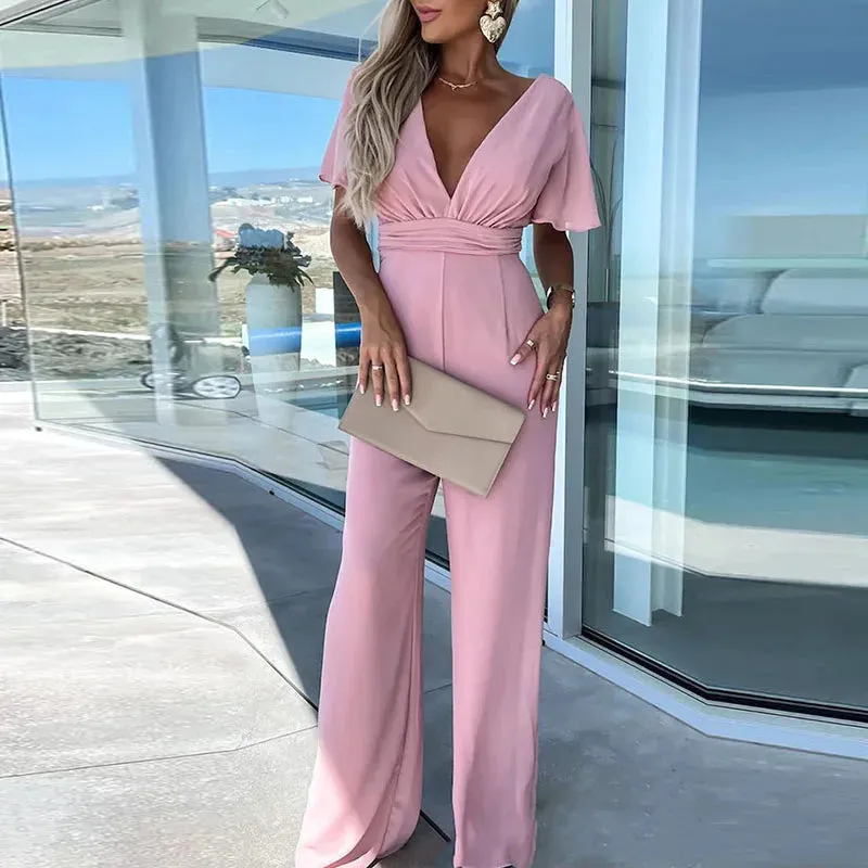 Elegant High Waist Romper V Neck Solid Color Wide Leg Pants Jumpsuit