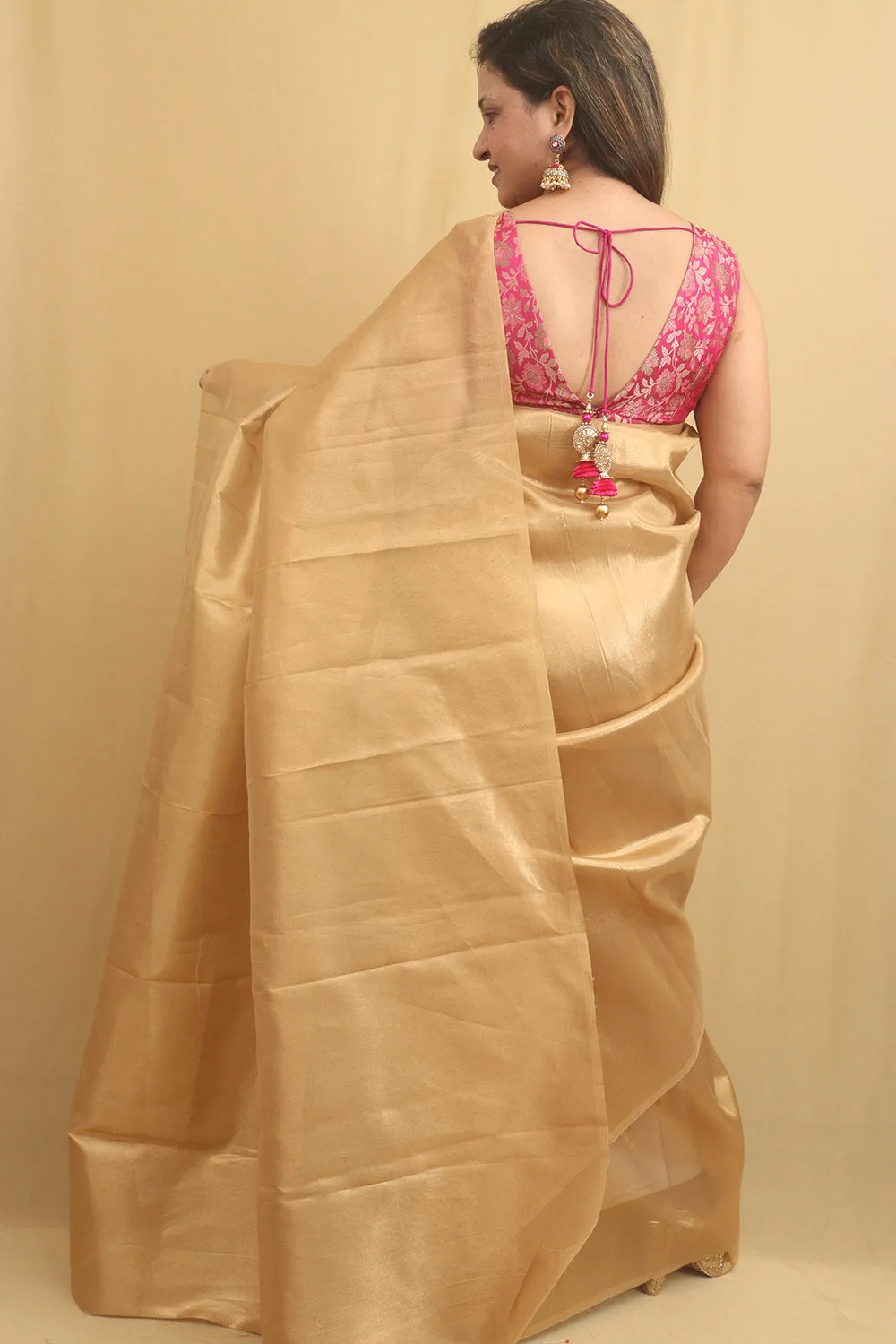 Golden Plain Tissue Saree