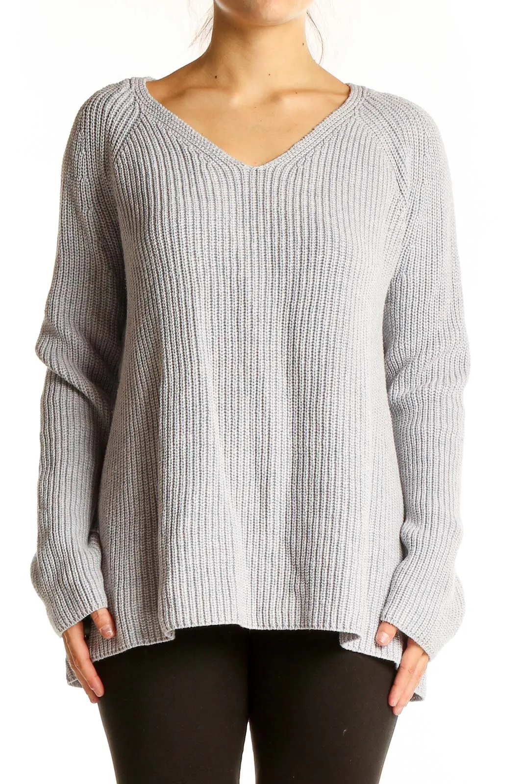 Gray Ribbed V-Neck Cotton Wool Sweater