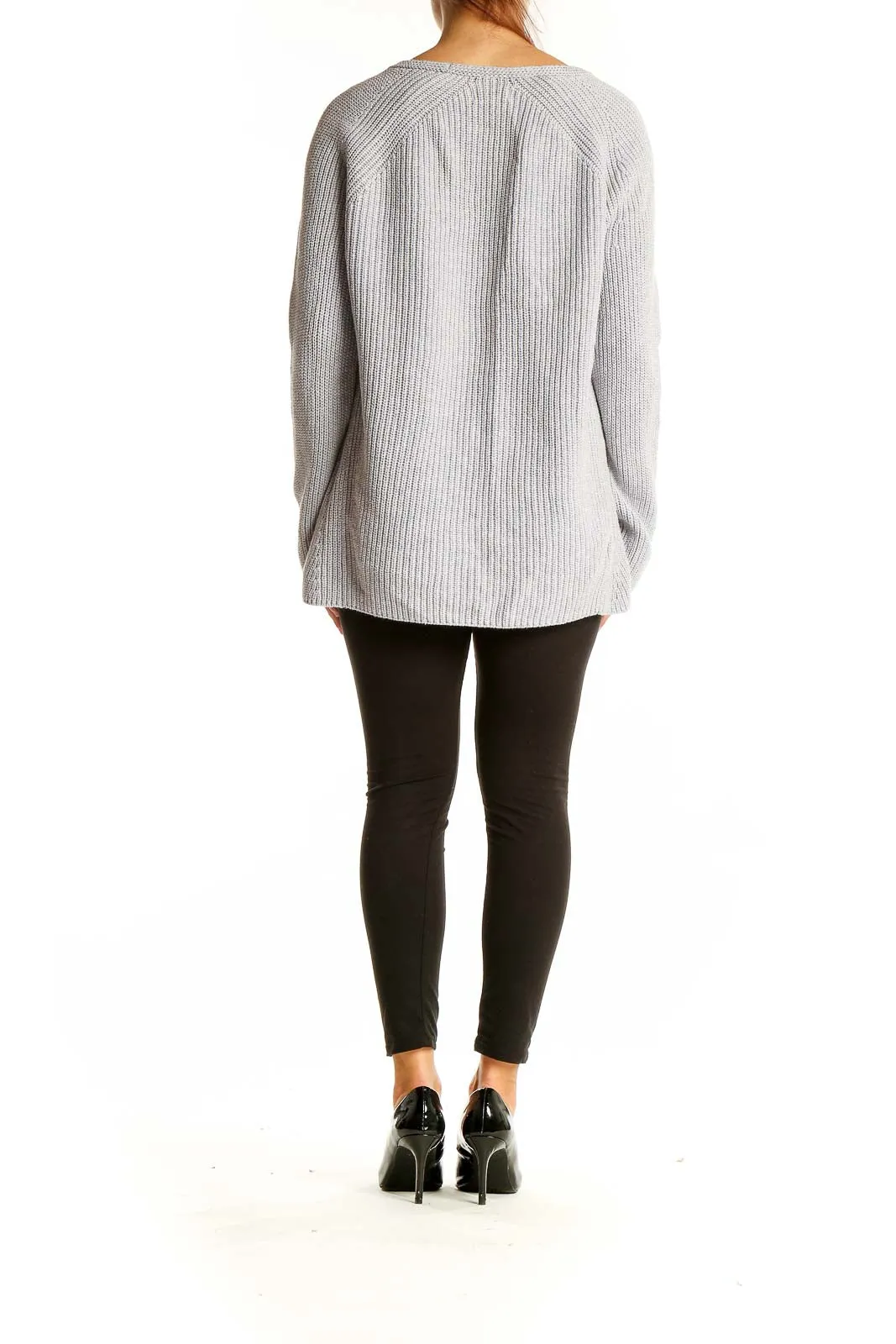 Gray Ribbed V-Neck Cotton Wool Sweater