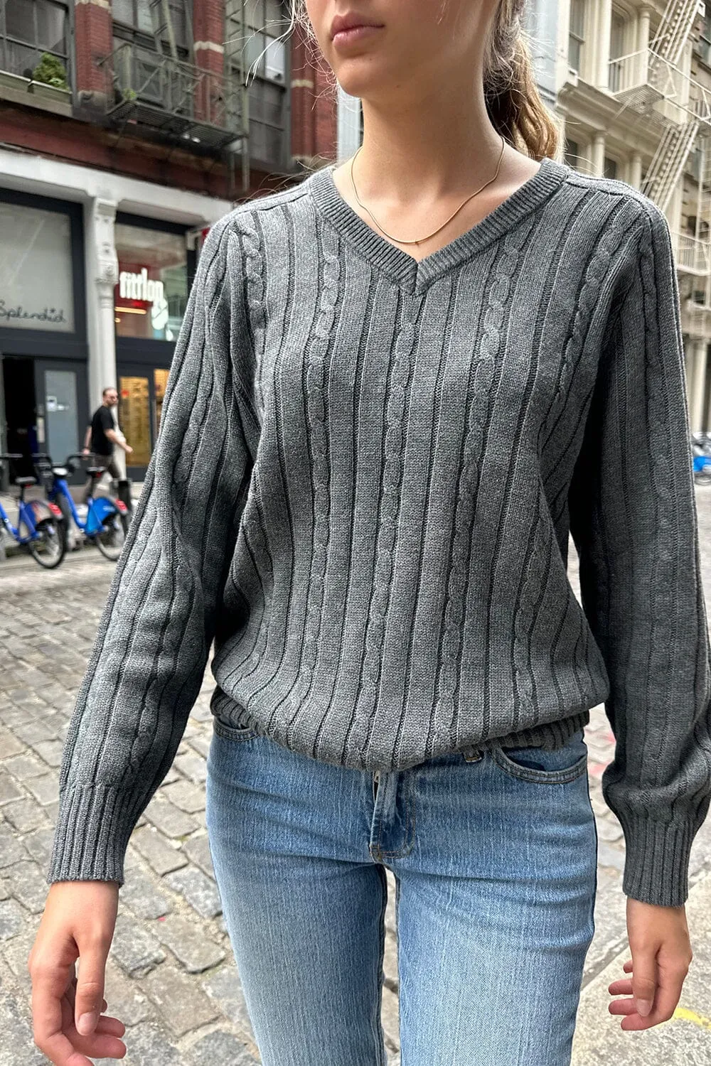 Ida Cotton Cable Knit V-Neck Sweater