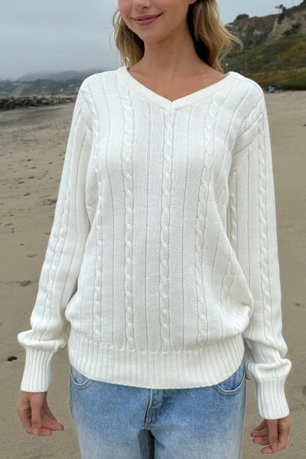 Ida Cotton Cable Knit V-Neck Sweater