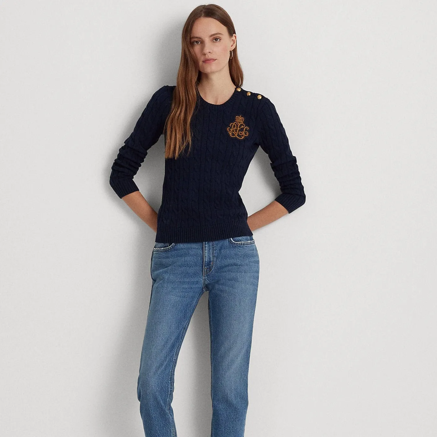 Lauren Ralph Lauren Bullion Cable-Knit Cotton Jumper in Navy