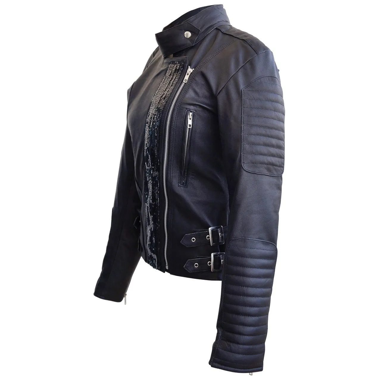 Leather Skin Women Black Genuine Leather Jacket with Black Stars