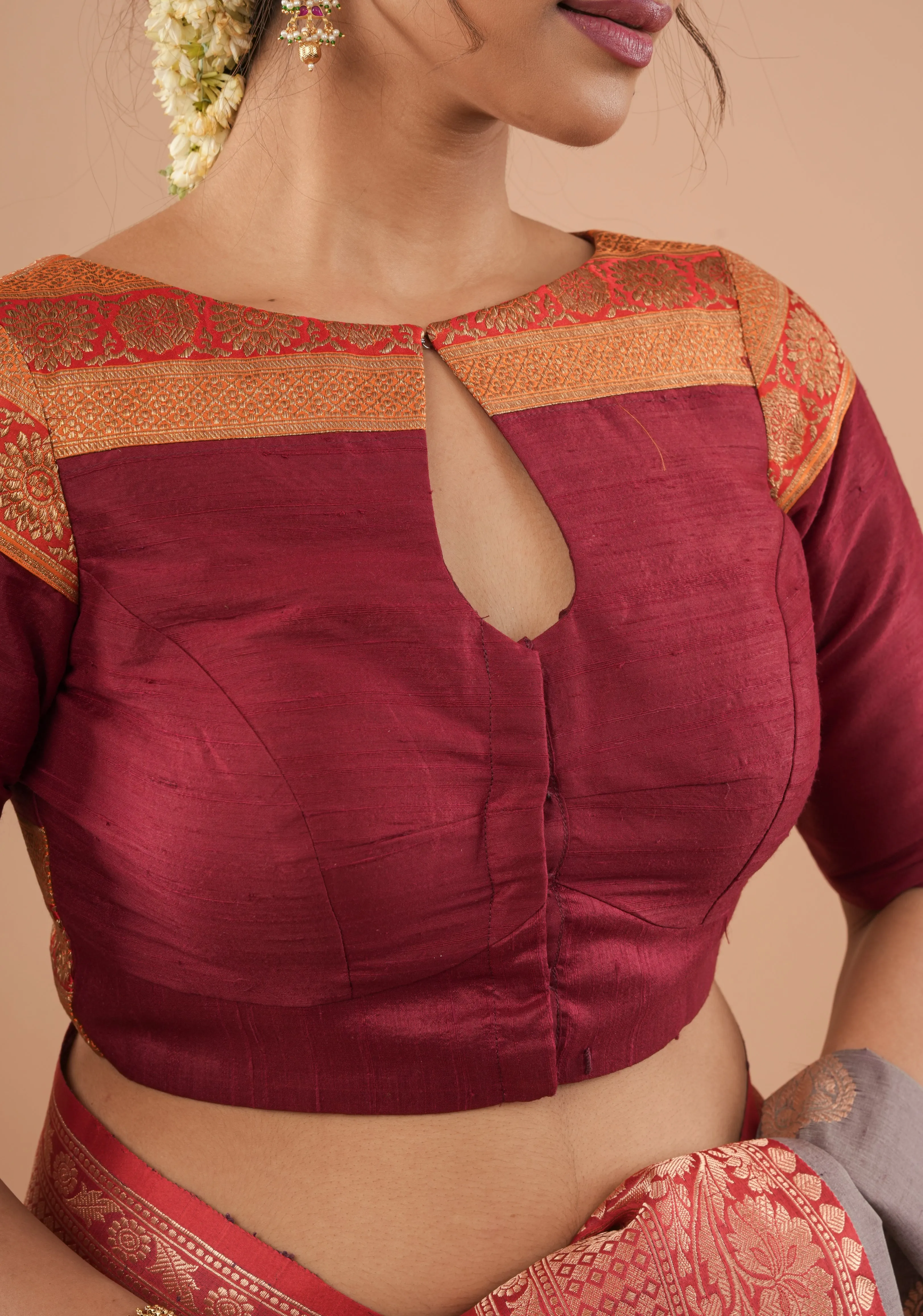 Maroon Pure Raw Silk Blouse With Antique Tone Zari Panel