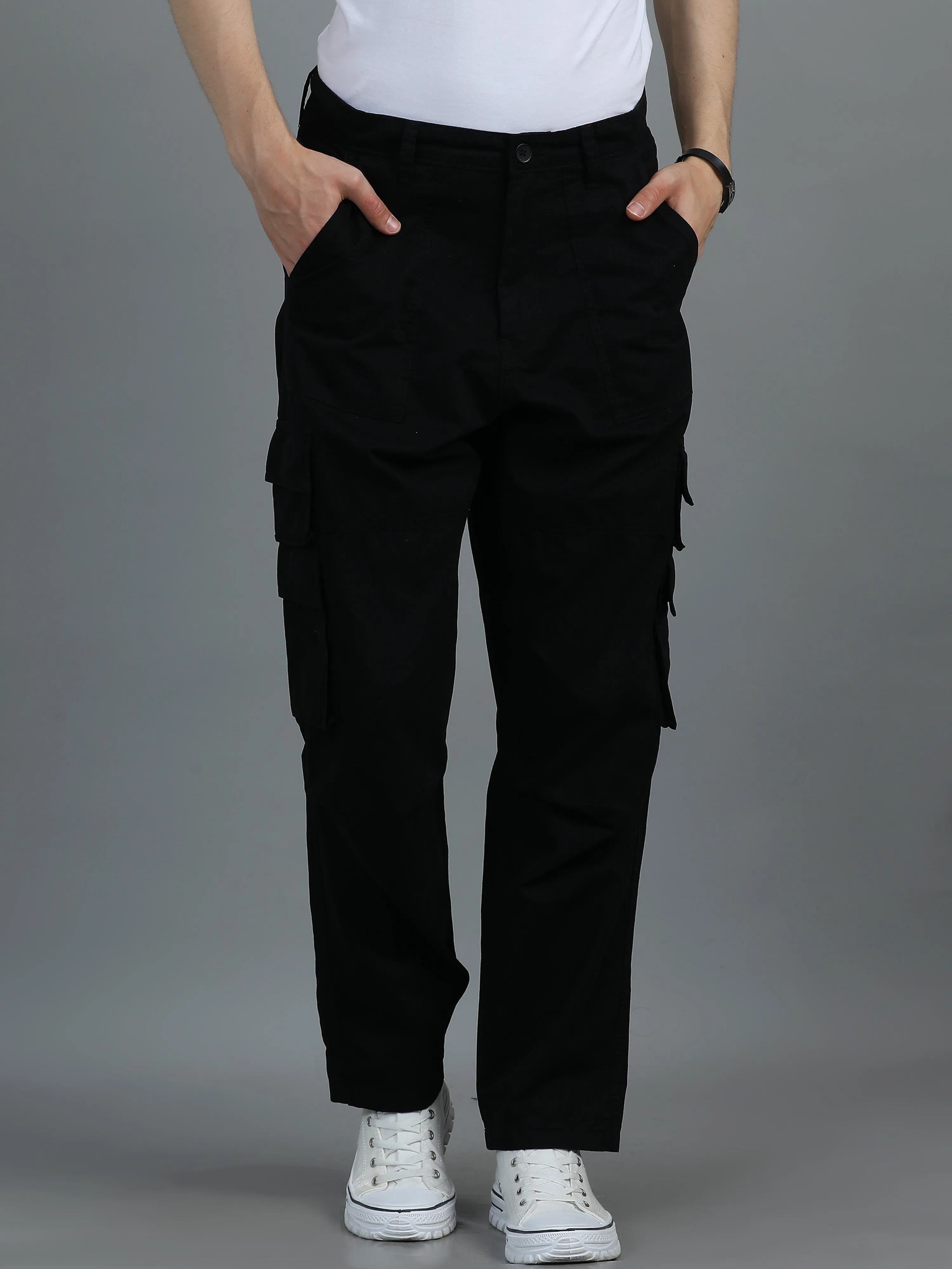 Men 2 Cotton Relaxed Fit Cargo Trousers, Black Khakhi