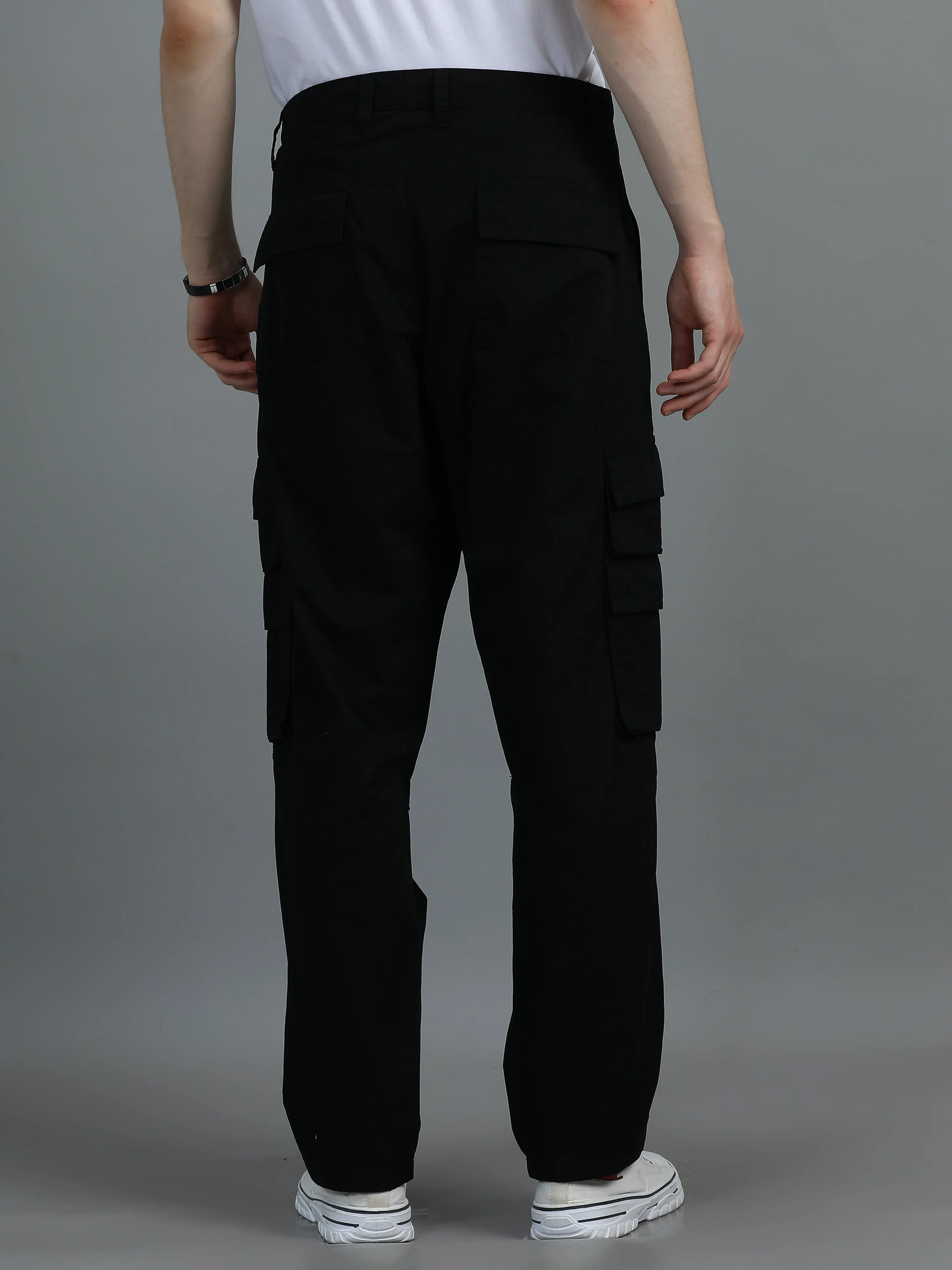 Men 2 Cotton Relaxed Fit Cargo Trousers, Black Khakhi