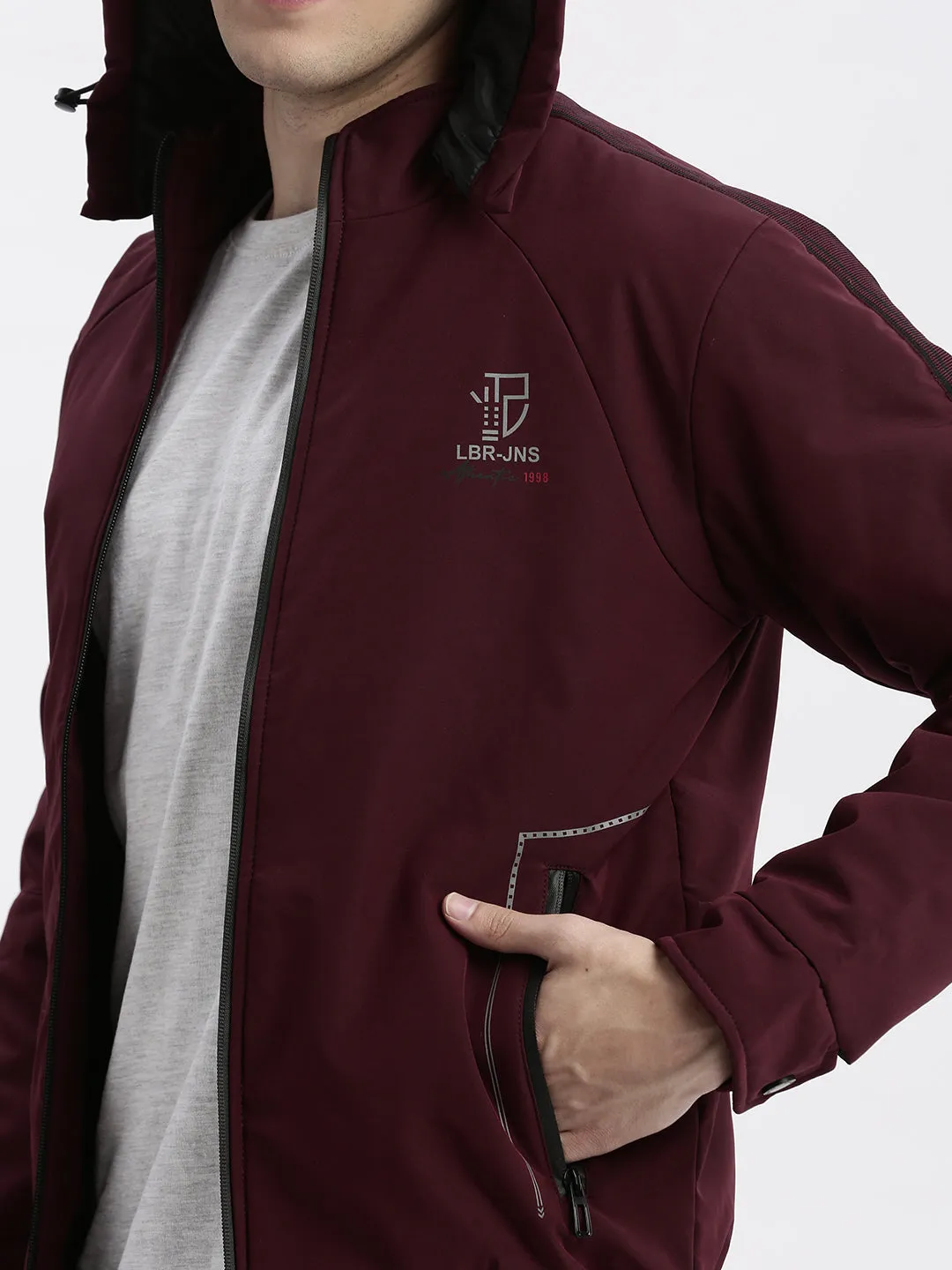 Men Solid Mock Collar Burgundy Bomber Jacket Comes with Detachable Hoodie