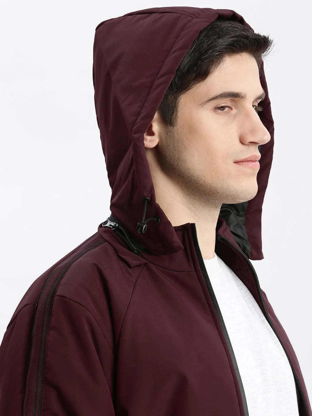 Men Solid Mock Collar Burgundy Bomber Jacket Comes with Detachable Hoodie