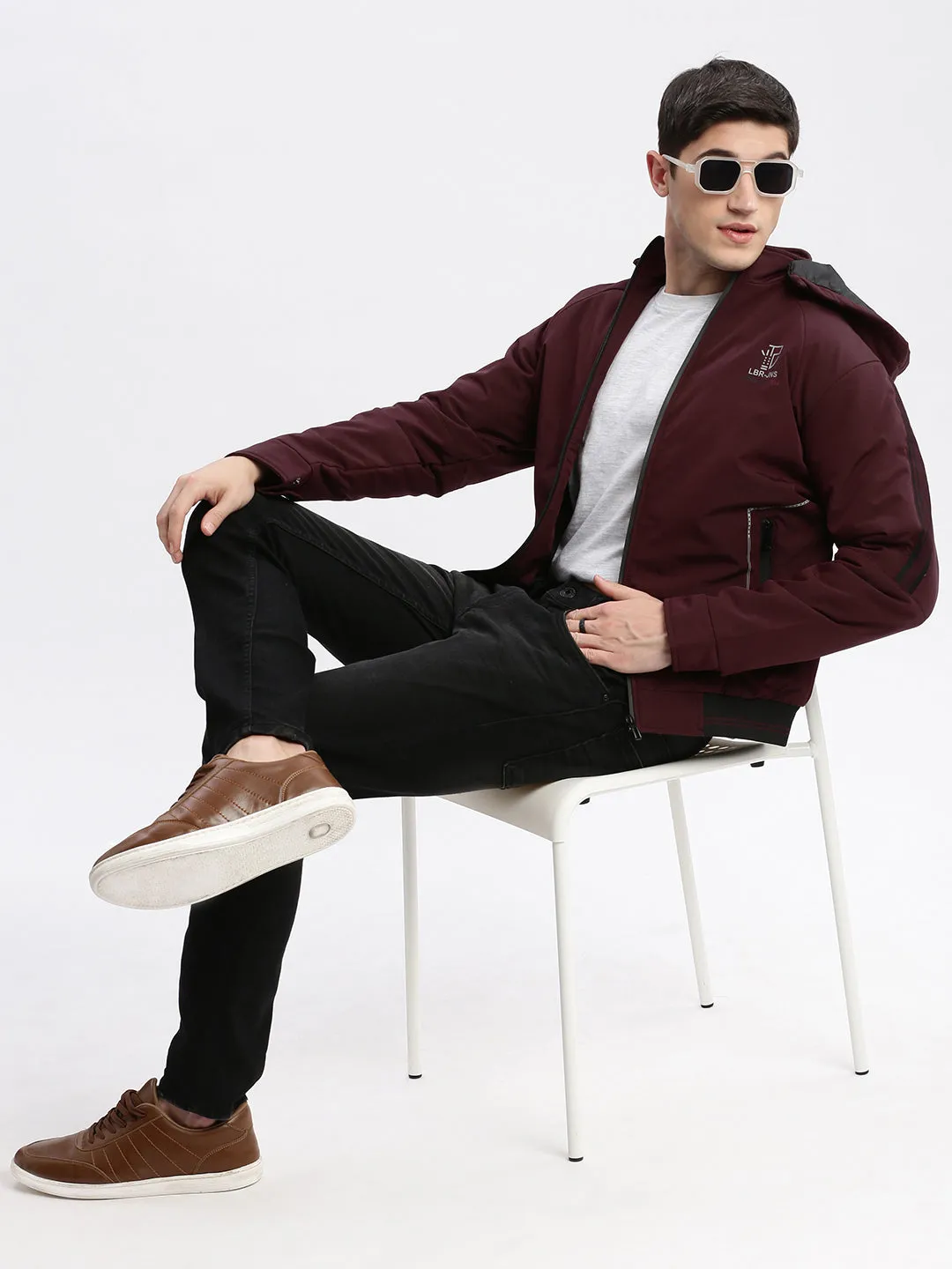 Men Solid Mock Collar Burgundy Bomber Jacket Comes with Detachable Hoodie