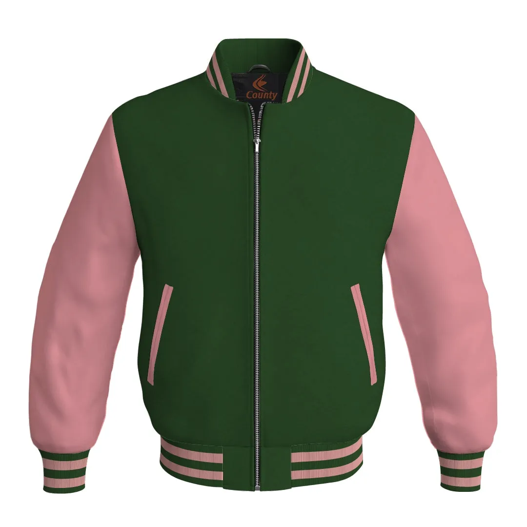 Mens Letterman Jacket Forest Green Body and Pink Leather Sleeves Bomber Jacket