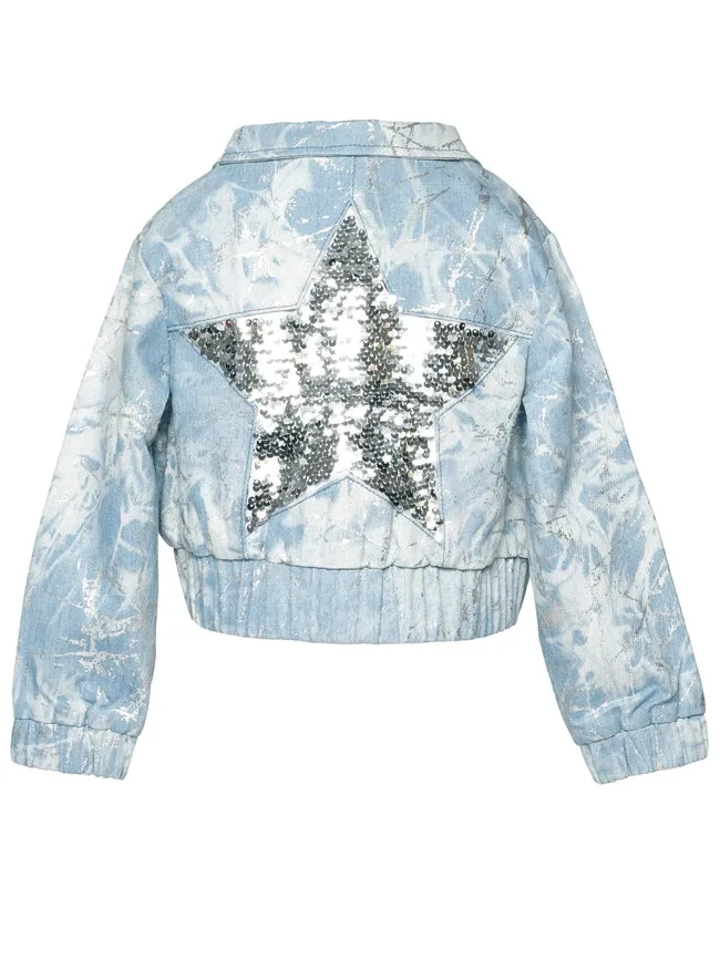 Metallic Print Denim Bomber Jacket with Sequin Star Back