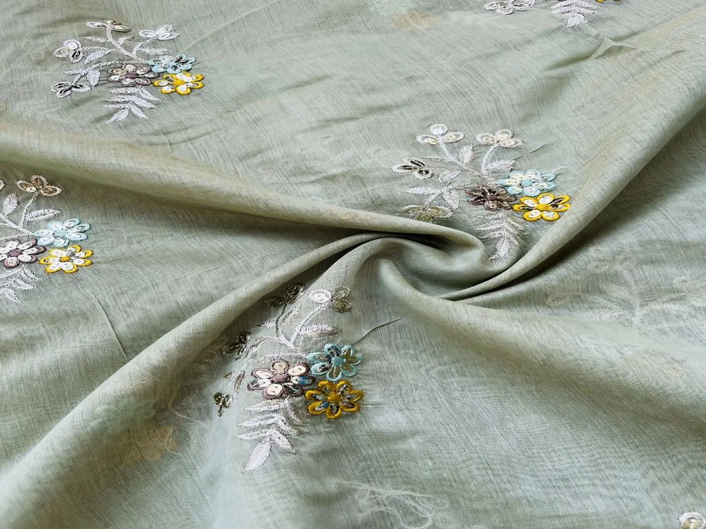 Pastel Green Floral Sequins Embroidered Chanderi Fabric (Wholesale)