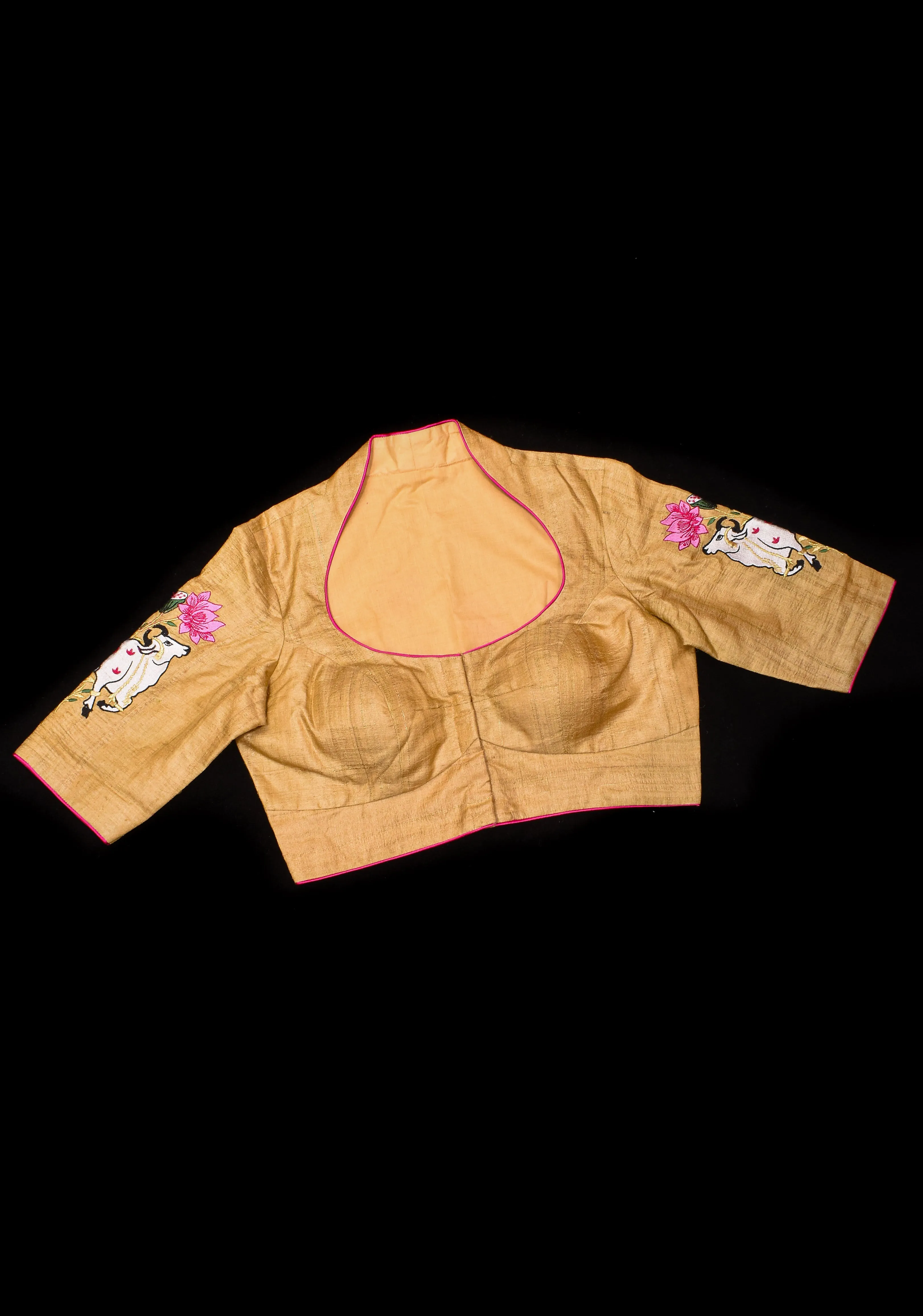 Pure Natural Tussar Blouse with pichwai cow embroidery on back and sleeves | Made to Order