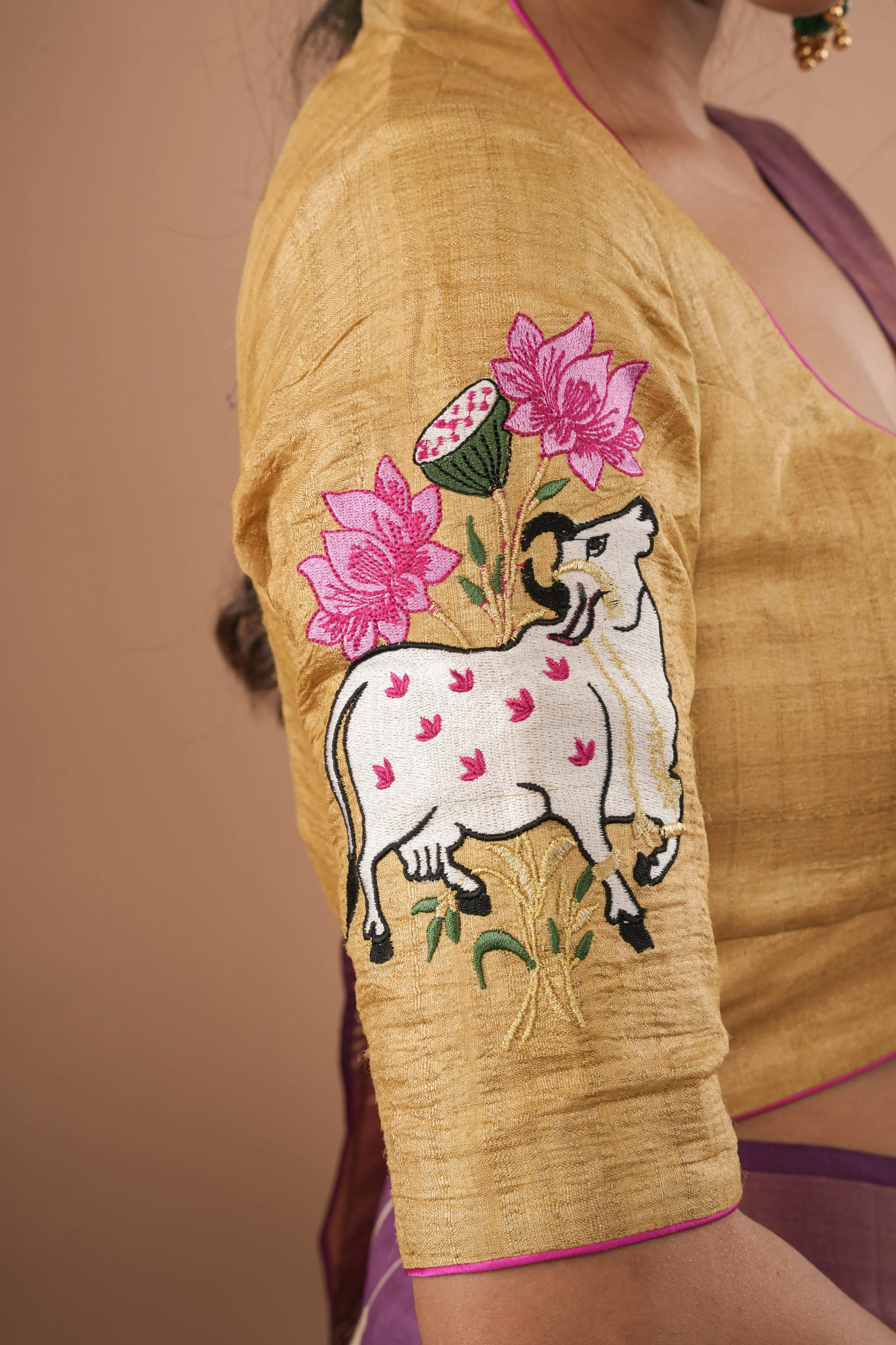 Pure Natural Tussar Blouse with pichwai cow embroidery on back and sleeves | Made to Order