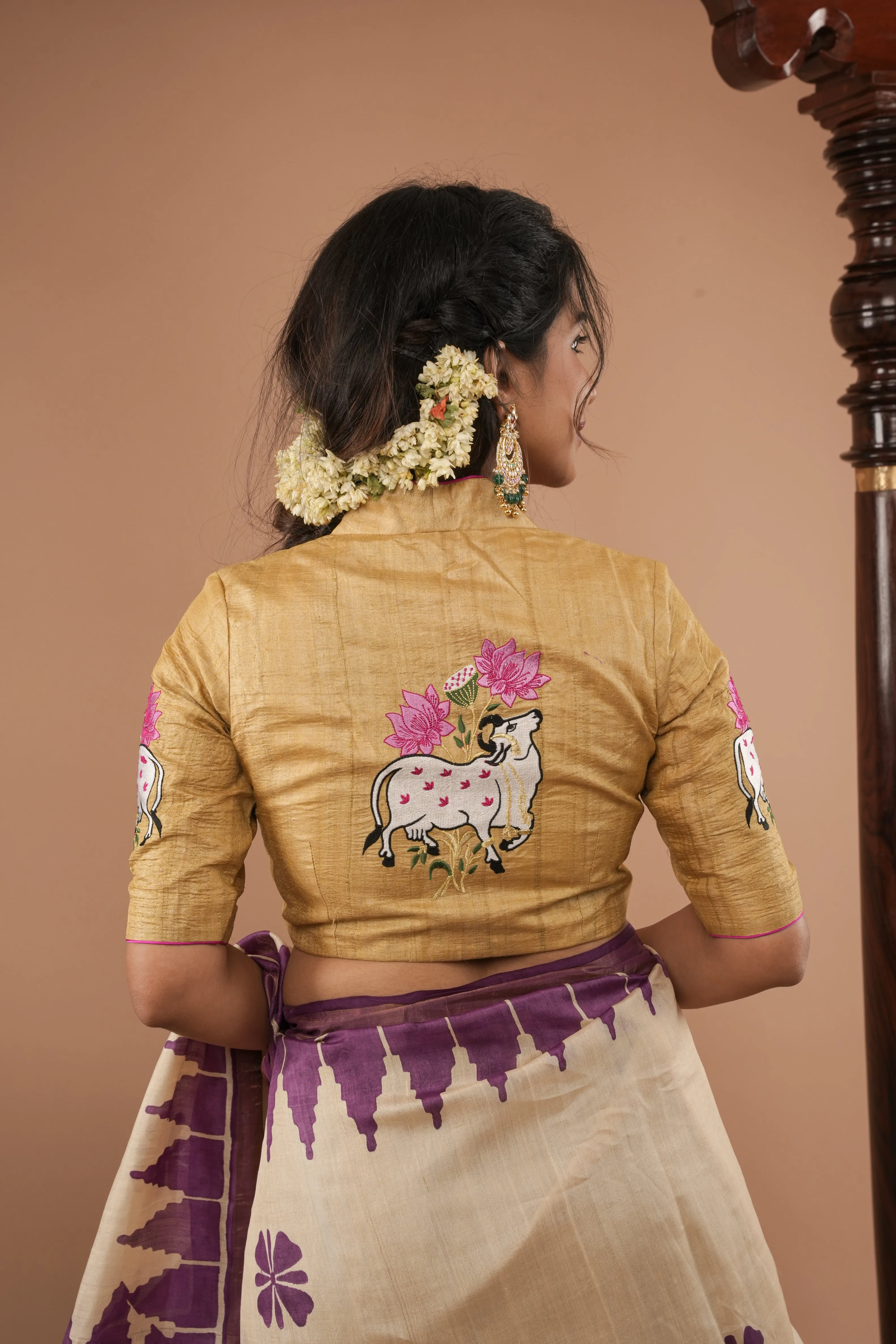 Pure Natural Tussar Blouse with pichwai cow embroidery on back and sleeves | Made to Order