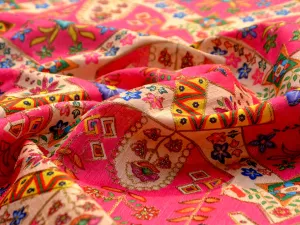 Rani Pink Multicolour Traditional Digital Print Zari Embroidered Mulberry Silk Fabric