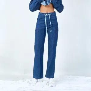 Relaxed cargo denim pants with drawstring wholesale