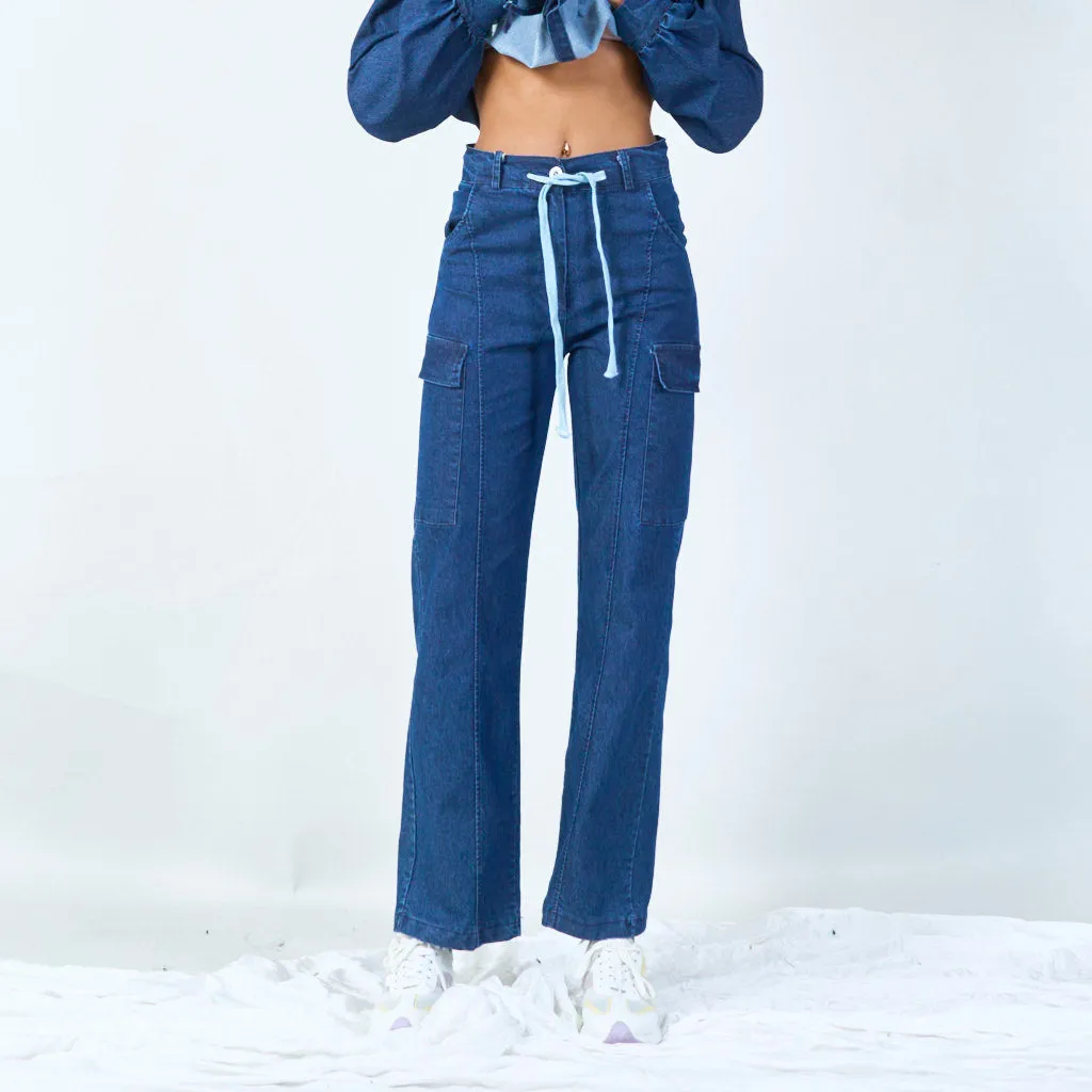 Relaxed cargo denim pants with drawstring wholesale