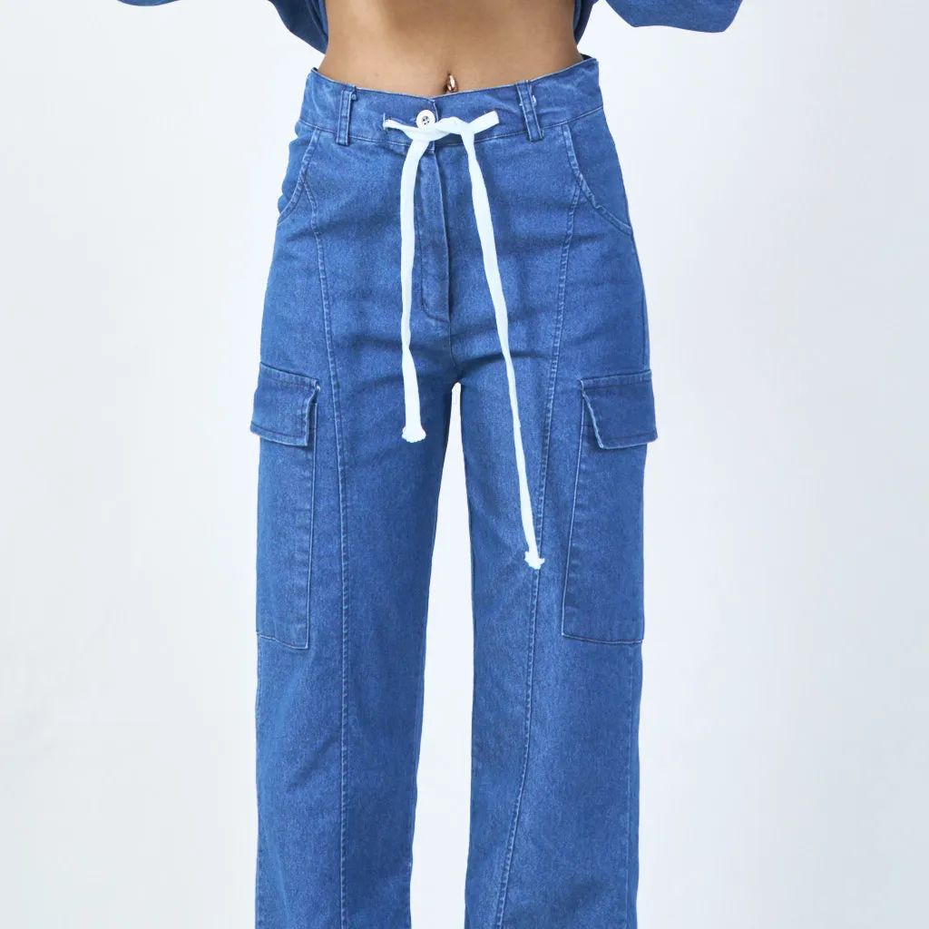 Relaxed cargo denim pants with drawstring wholesale