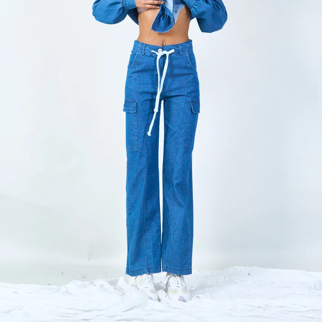 Relaxed cargo denim pants with drawstring wholesale