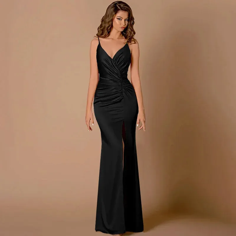 Ruched Bust Gala Bodycon Maxi Dress with Spaghetti Straps