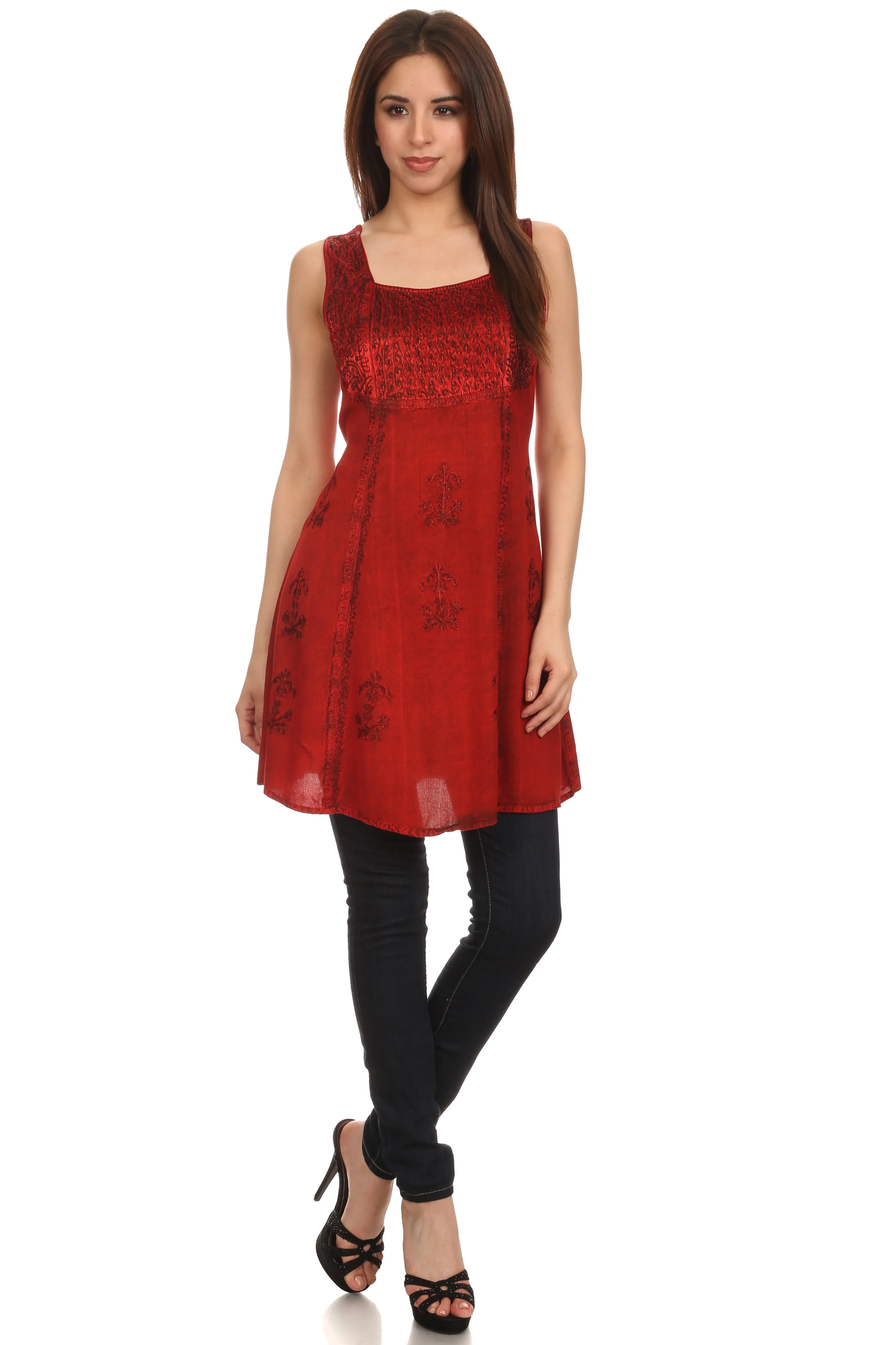 Sakkas Kalee Embroidered Adjustable Sleeveless Tunic Blouse / Short Dress