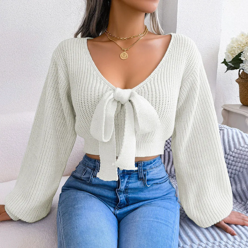 Sexy Bow Tie V Neck Balloon Sleeve Brioche Knit Cropped Sweater