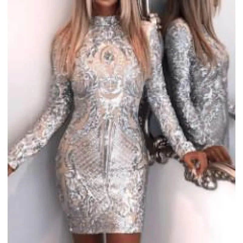 Silver High Neck Long Sleeve Sequin Elegant Party Mini Dress