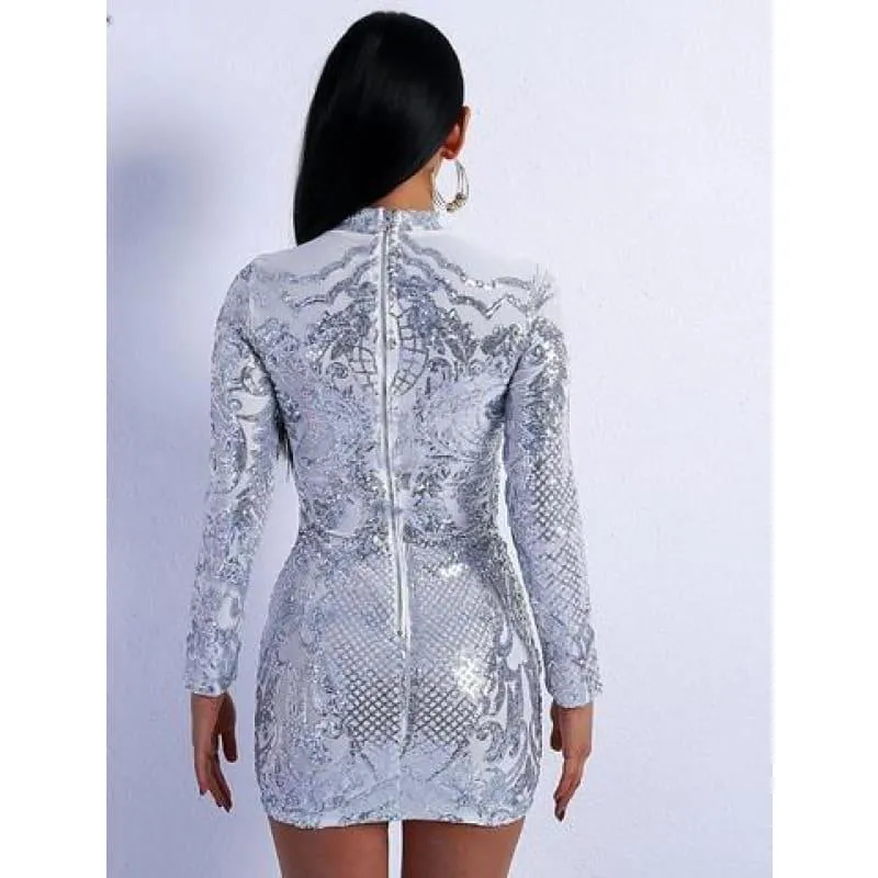 Silver High Neck Long Sleeve Sequin Elegant Party Mini Dress