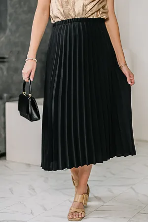 Solid Pleated Midi Skirt | Black