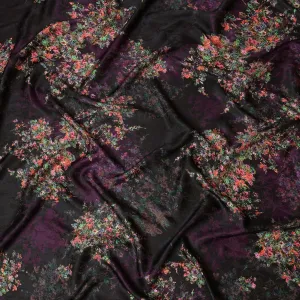 South Korean Silk Satin Fabric with Metallic Floral Design on Black and Purple Background – 150 cm Width-D20338