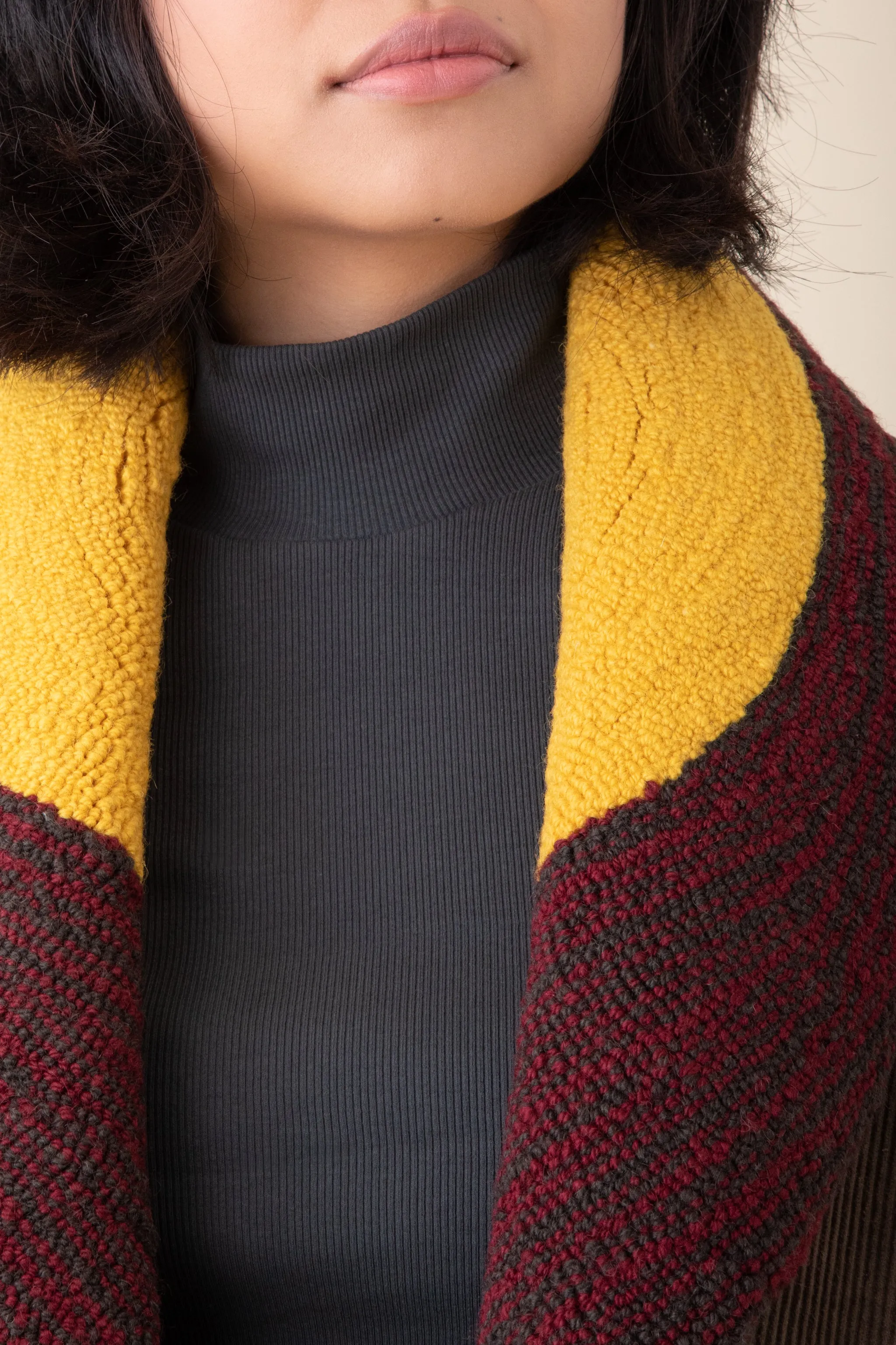 Tufted Deco Coat in Olive with Multi Yellow Colored Collar