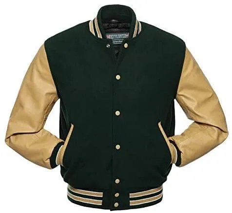 Warrior Gears Classic Hybrid Varsity Jacket University Letterman Bomber Jacket, Pure Wool & Original Cowhide Leather Jacket, Forest Green Pure Wool Body & Tan Real Leather Sleeves