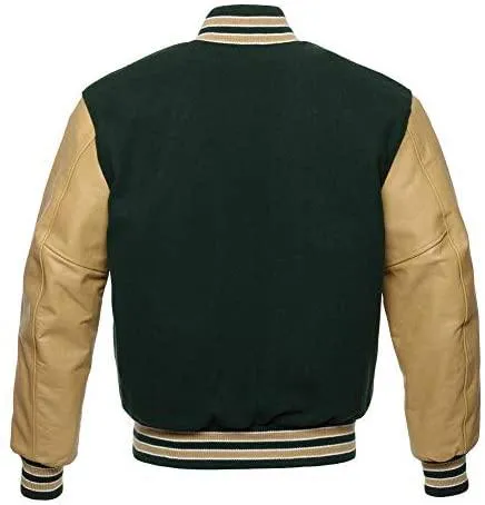 Warrior Gears Classic Hybrid Varsity Jacket University Letterman Bomber Jacket, Pure Wool & Original Cowhide Leather Jacket, Forest Green Pure Wool Body & Tan Real Leather Sleeves