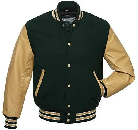 Warrior Gears Classic Hybrid Varsity Jacket University Letterman Bomber Jacket, Pure Wool & Original Cowhide Leather Jacket, Forest Green Pure Wool Body & Tan Real Leather Sleeves