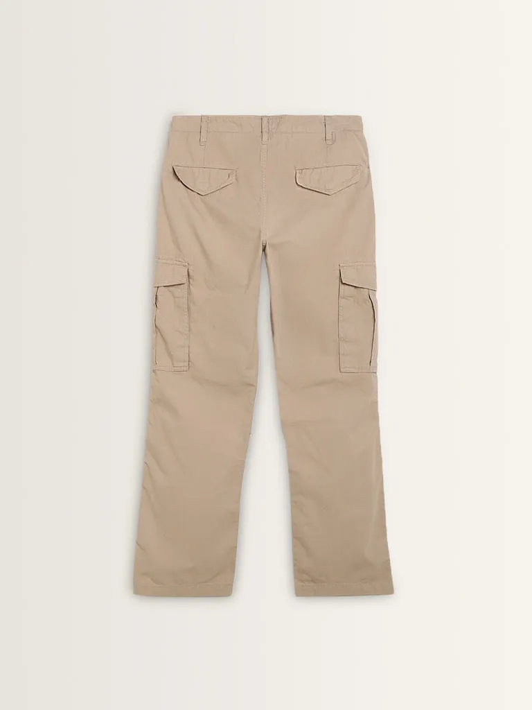 WES Casuals Beige Relaxed-Fit Mid-Rise Cotton Trousers