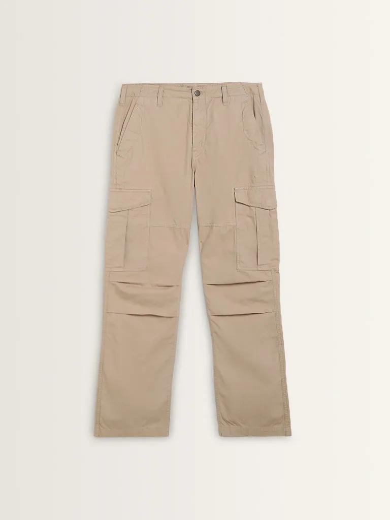 WES Casuals Beige Relaxed-Fit Mid-Rise Cotton Trousers