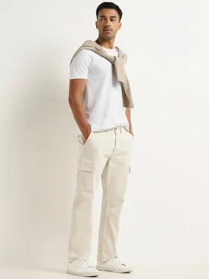 WES Casuals Off-White Cargo-Style Cotton Blend Relaxed Fit Trousers